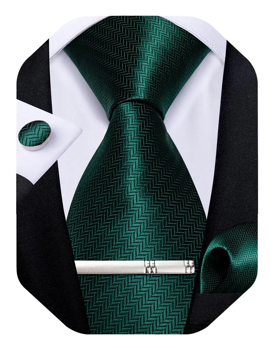 DiBanGu Dark Emerald Green Silk Necktie Set with Pocket Square, Cufflinks & Tie Clip | 150cm (59") x 8cm (3.15") - main product image