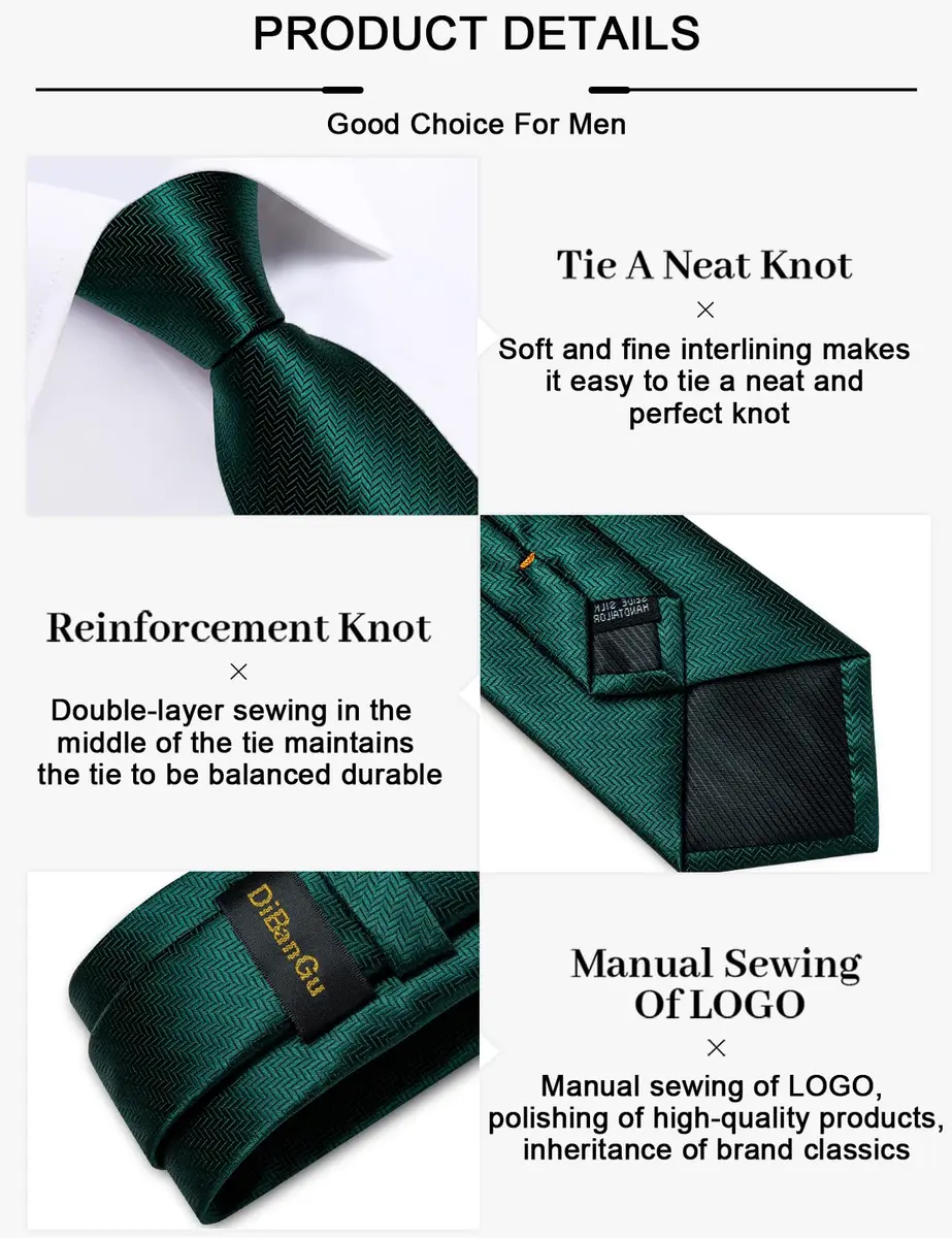 DiBanGu Dark Emerald Green Silk Necktie Set with Pocket Square, Cufflinks & Tie Clip | 150cm (59") x 8cm (3.15") - view 5