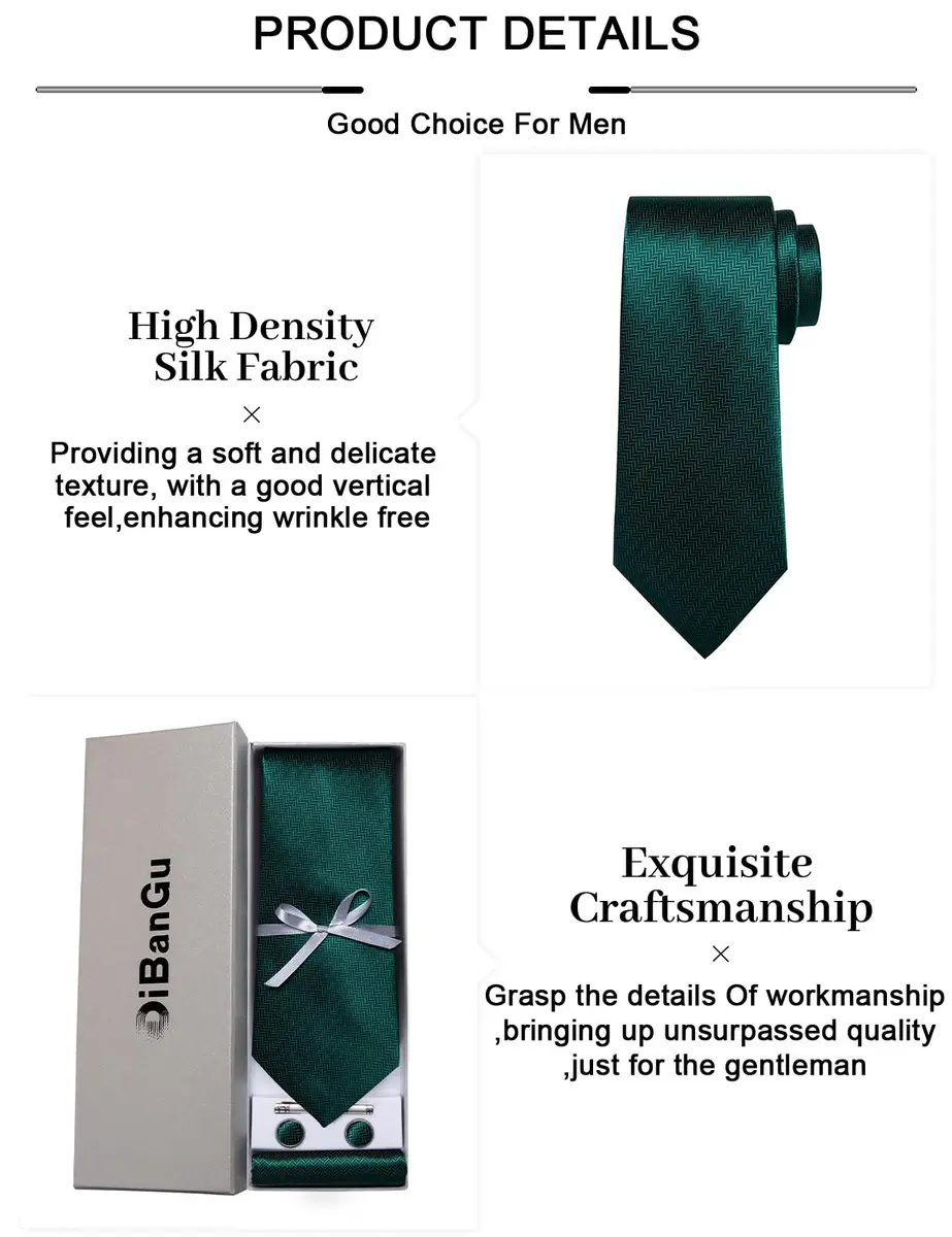 DiBanGu Dark Emerald Green Silk Necktie Set with Pocket Square, Cufflinks & Tie Clip | 150cm (59") x 8cm (3.15") - view 6