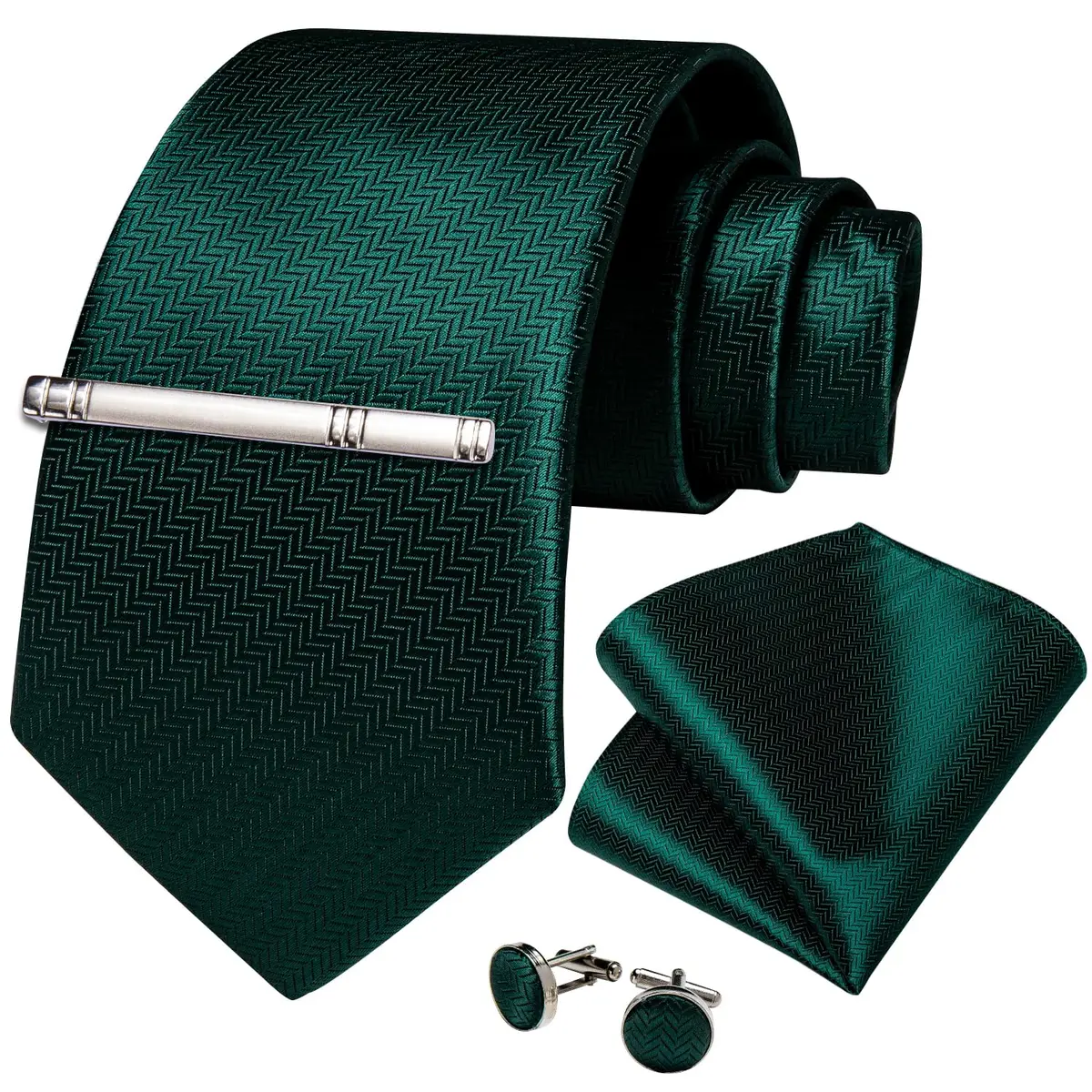 DiBanGu Dark Emerald Green Silk Necktie Set with Pocket Square, Cufflinks & Tie Clip | 150cm (59") x 8cm (3.15") - view 3