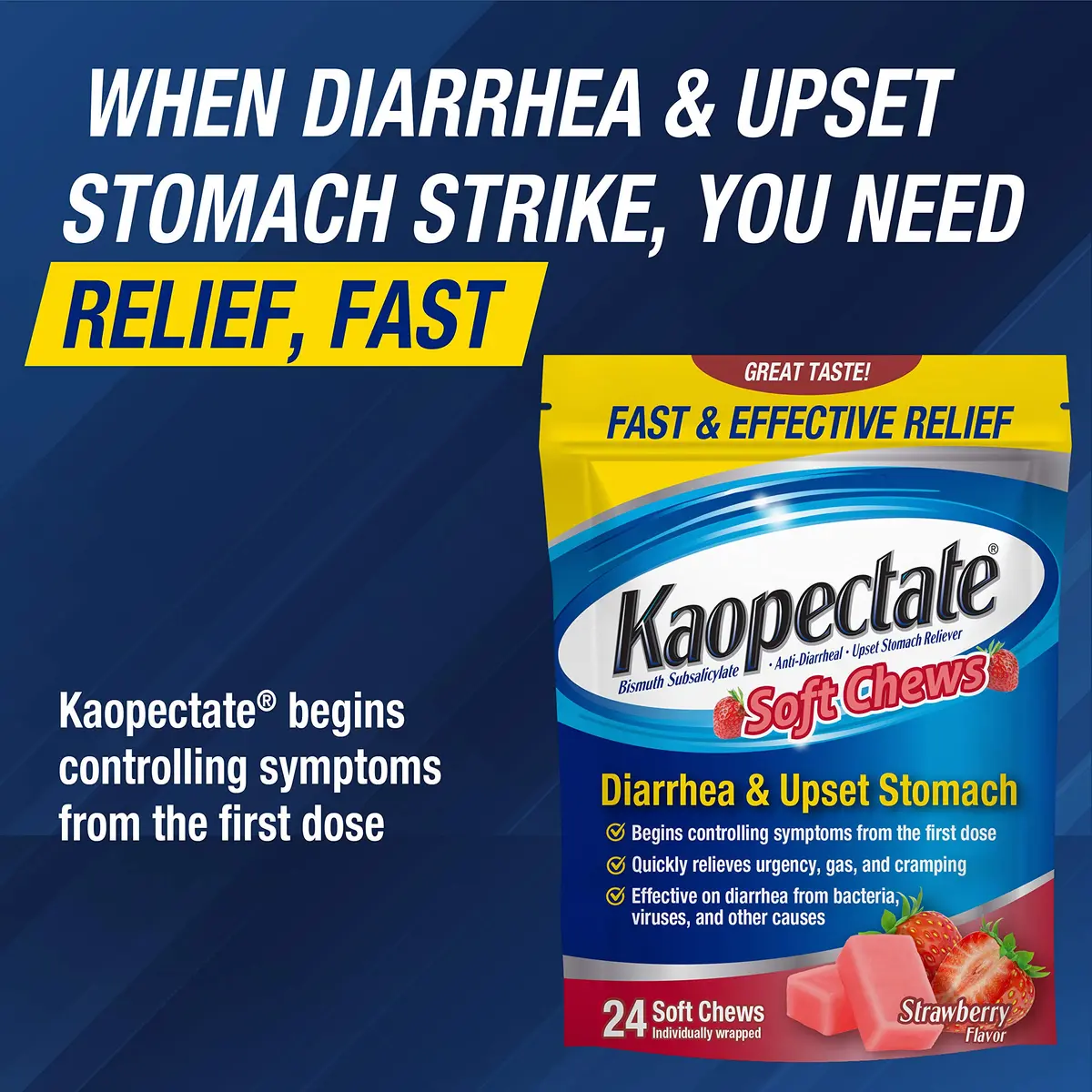 Kaopectate Diarrhea Medication for Adults, 24 ct, Strawberry Soft Chews | Fast-Acting Stomach Relief - view 4
