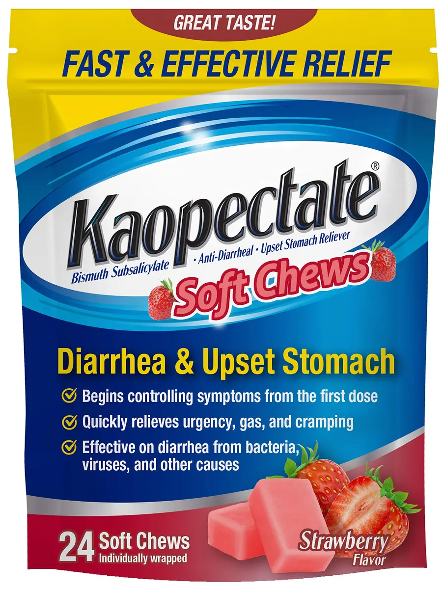 Kaopectate Diarrhea Medication for Adults, 24 ct, Strawberry Soft Chews | Fast-Acting Stomach Relief - main product image