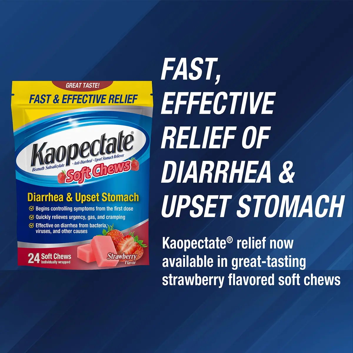 Kaopectate Diarrhea Medication for Adults, 24 ct, Strawberry Soft Chews | Fast-Acting Stomach Relief - view 2