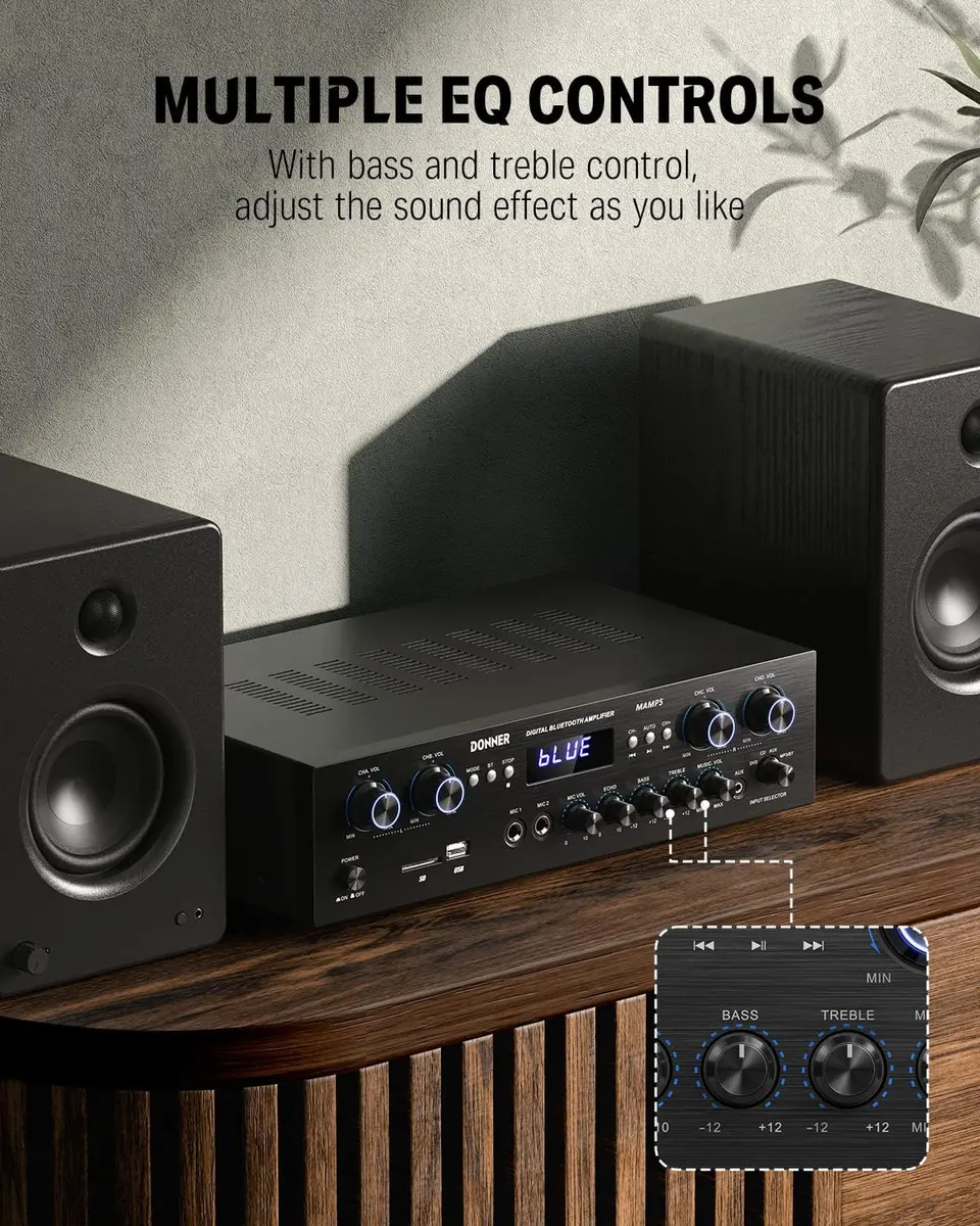 Donner Bluetooth 5.0 Stereo Amplifier Receiver, 4 Channel 440W Peak Power | Home Theater & Studio Use - view 4