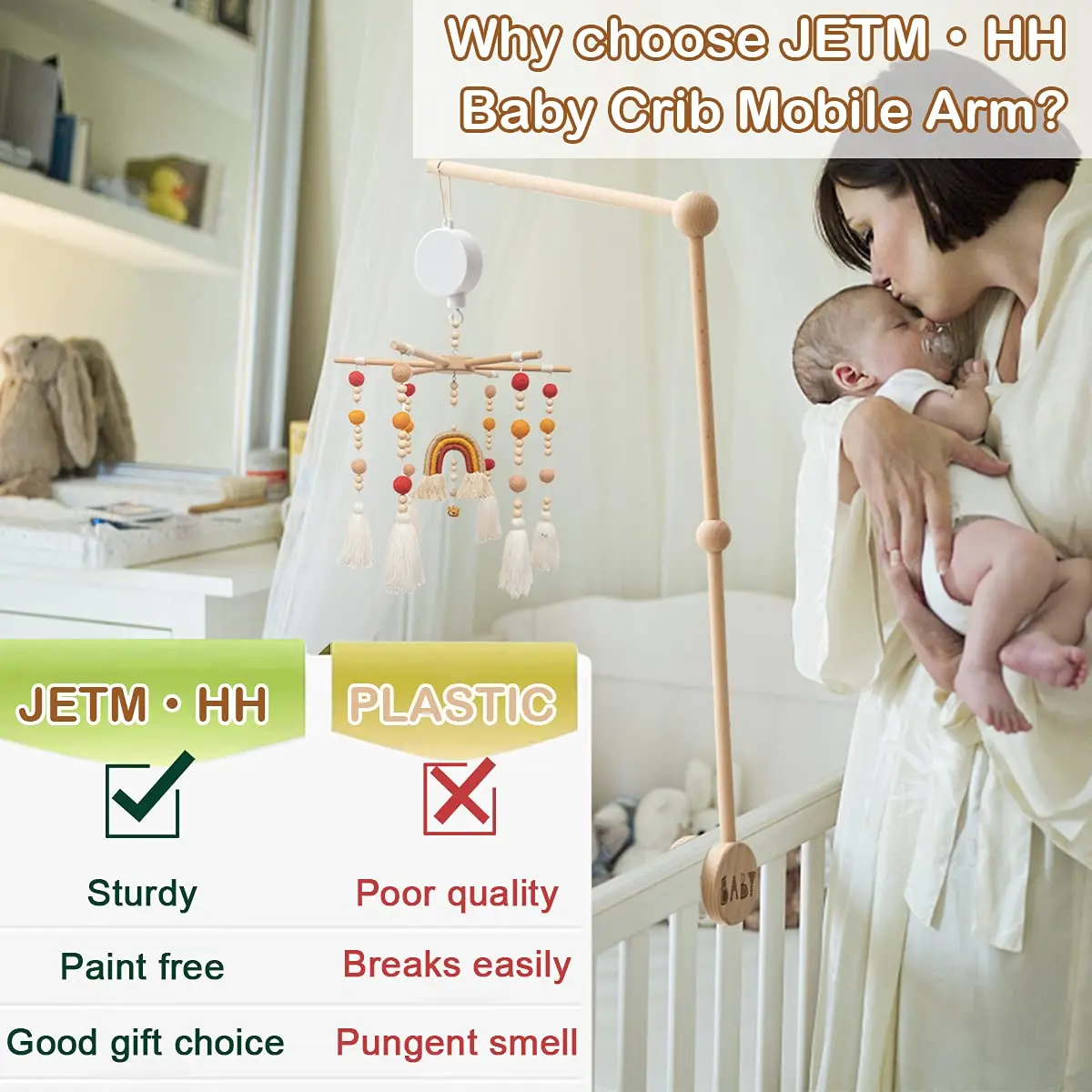 JETM·HH Wooden Baby Crib Mobile Arm Holder with Music Box | 28.35 inch Beech Hangers - view 5
