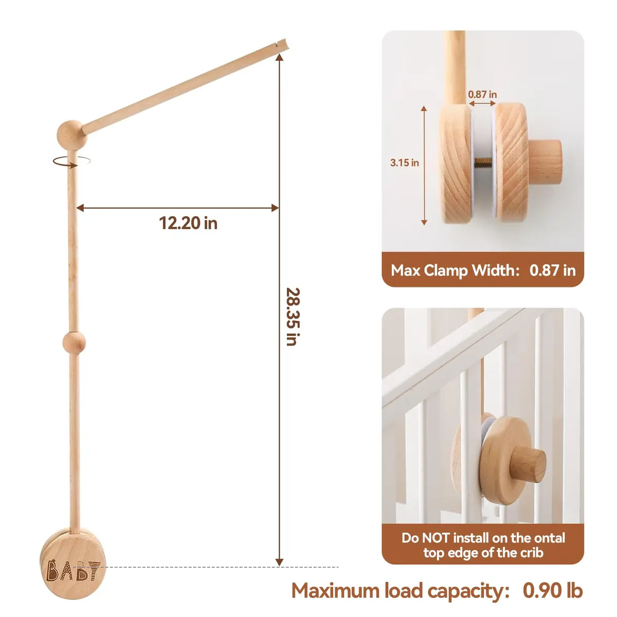 JETM·HH Wooden Baby Crib Mobile Arm Holder with Music Box | 28.35 inch Beech Hangers - view 2