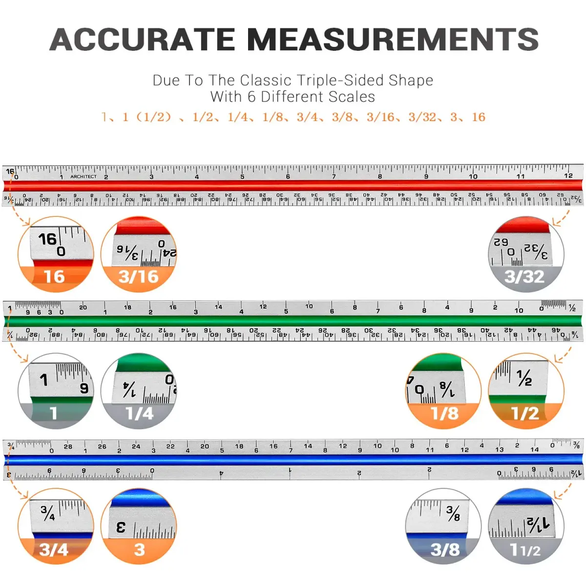 Hutou 12" Architectural Scale Ruler Triangular Ruler, Color-Coded, 30 cm (12 inch) | Precision Drafting Tool - view 3