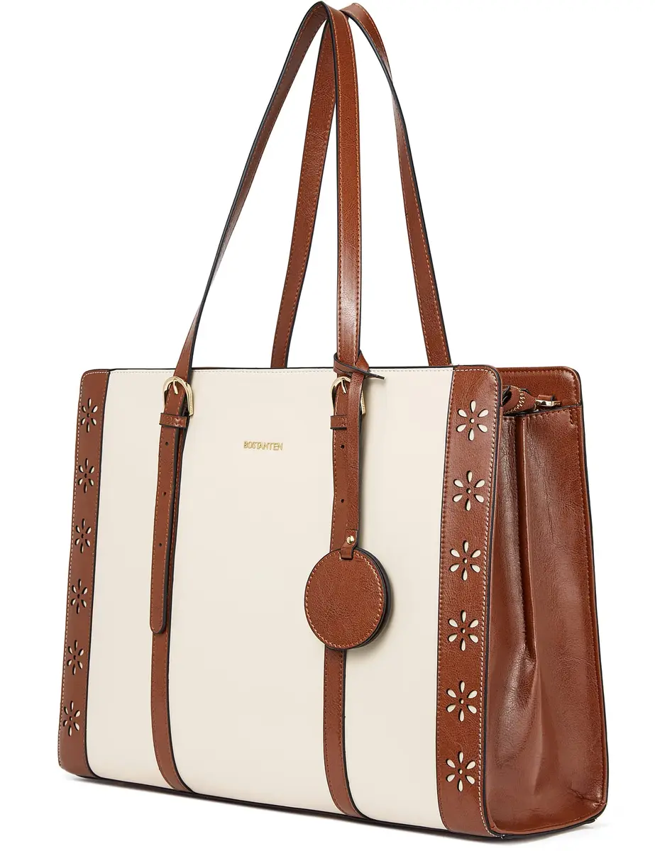 BOSTANTEN Laptop Bag for Women 15.6 inch Leather Briefcase Vintage Work Tote Handbag | Classic Floral Design - main product image