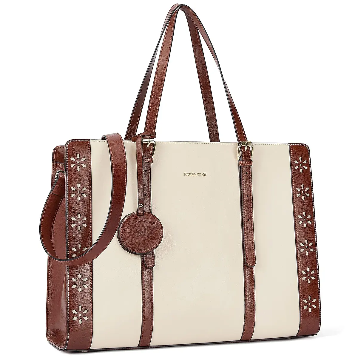 BOSTANTEN Laptop Bag for Women 15.6 inch Leather Briefcase Vintage Work Tote Handbag | Classic Floral Design - view 7