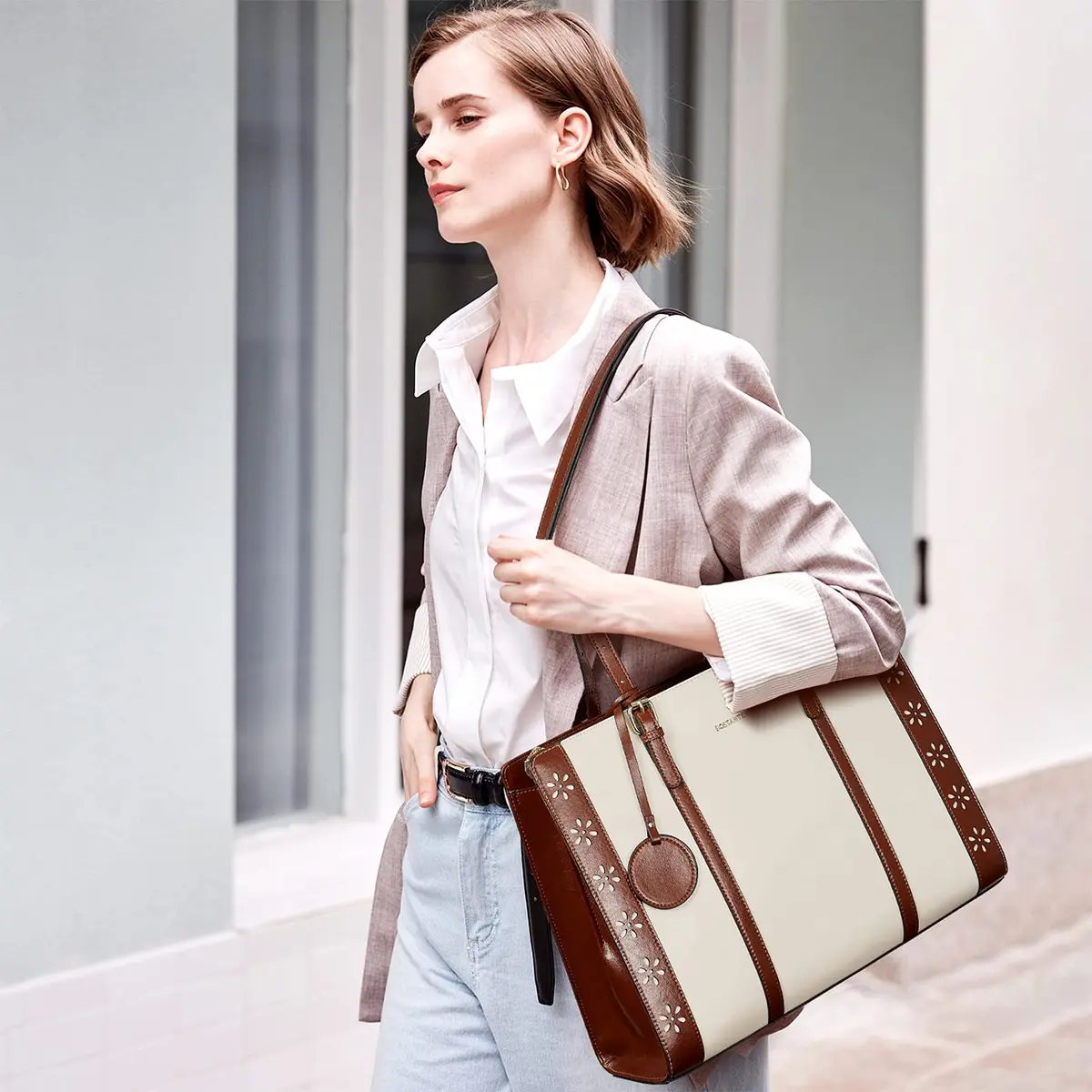 BOSTANTEN Laptop Bag for Women 15.6 inch Leather Briefcase Vintage Work Tote Handbag | Classic Floral Design - view 2