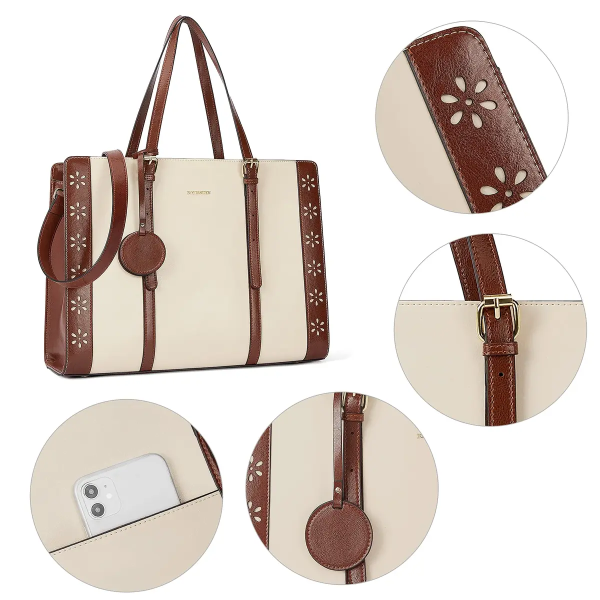 BOSTANTEN Laptop Bag for Women 15.6 inch Leather Briefcase Vintage Work Tote Handbag | Classic Floral Design - view 3