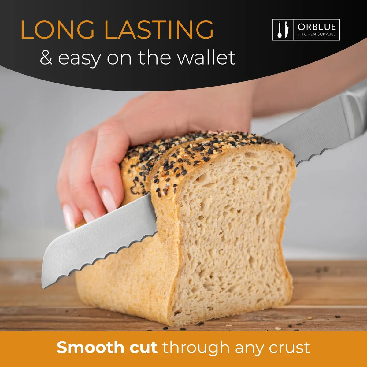 Orblue Serrated Bread Knife 8-Inch | Ultra-Sharp Stainless Steel for Effortless Slicing in India - view 2
