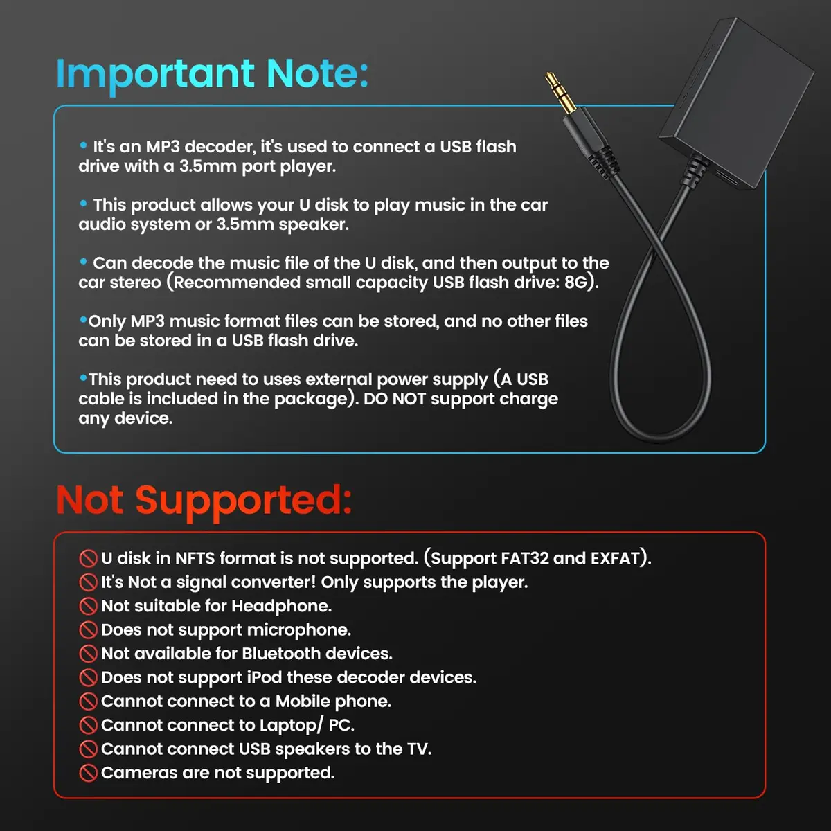 ANDTOBO USB to Aux Audio Adapter, 3.5mm Male to USB Female, 10.8 inch Length | Car Music Connection - view 2