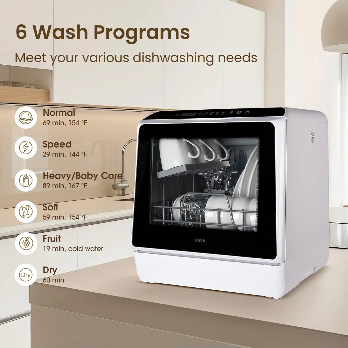 HAVA Countertop Dishwasher 6 Programs Portable with Water Tank | Compact & Energy Saving (70-120 chars) - view 2