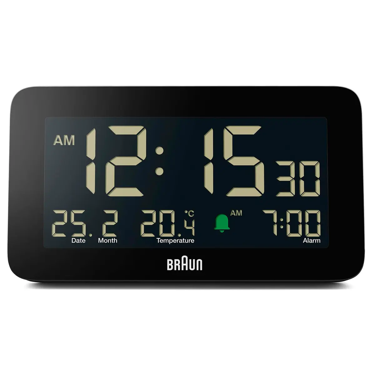 Braun Digital Alarm Clock with Date, Month & Temperature | Negative LCD, Crescendo Beep, 12/24H, AA Battery (1-Pack) - main product image