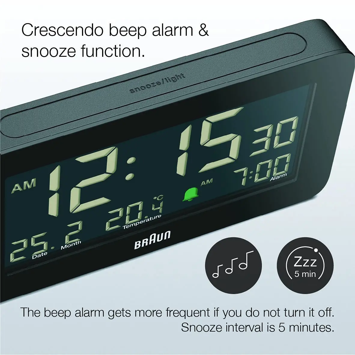 Braun Digital Alarm Clock with Date, Month & Temperature | Negative LCD, Crescendo Beep, 12/24H, AA Battery (1-Pack) - view 6