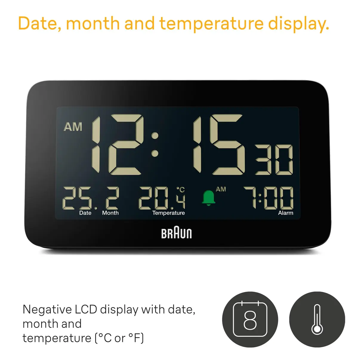 Braun Digital Alarm Clock with Date, Month & Temperature | Negative LCD, Crescendo Beep, 12/24H, AA Battery (1-Pack) - view 2