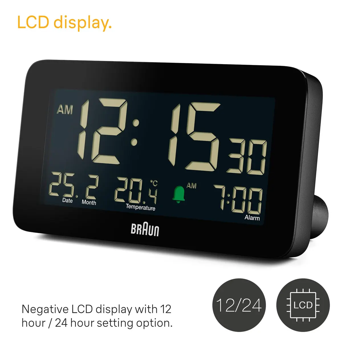 Braun Digital Alarm Clock with Date, Month & Temperature | Negative LCD, Crescendo Beep, 12/24H, AA Battery (1-Pack) - view 3