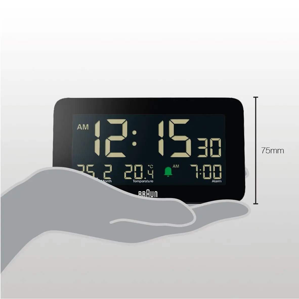 Braun Digital Alarm Clock with Date, Month & Temperature | Negative LCD, Crescendo Beep, 12/24H, AA Battery (1-Pack) - view 4