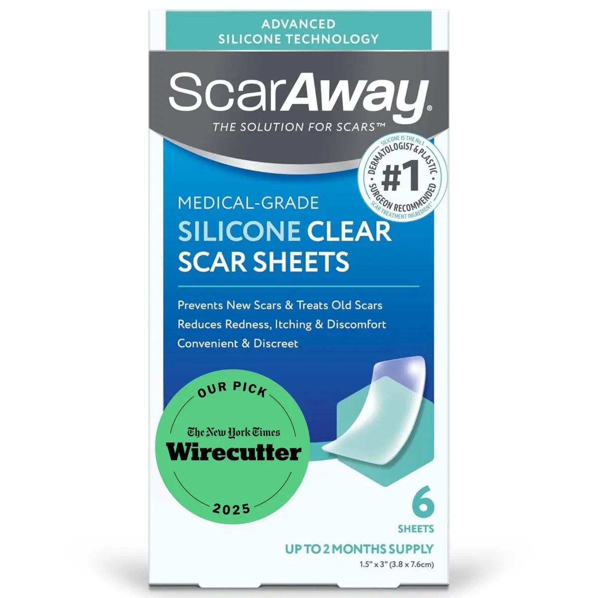 ScarAway Advanced Clear Silicone Scar Sheets, 6 Sheets | Visibly Improve Old & New Scars - main product image
