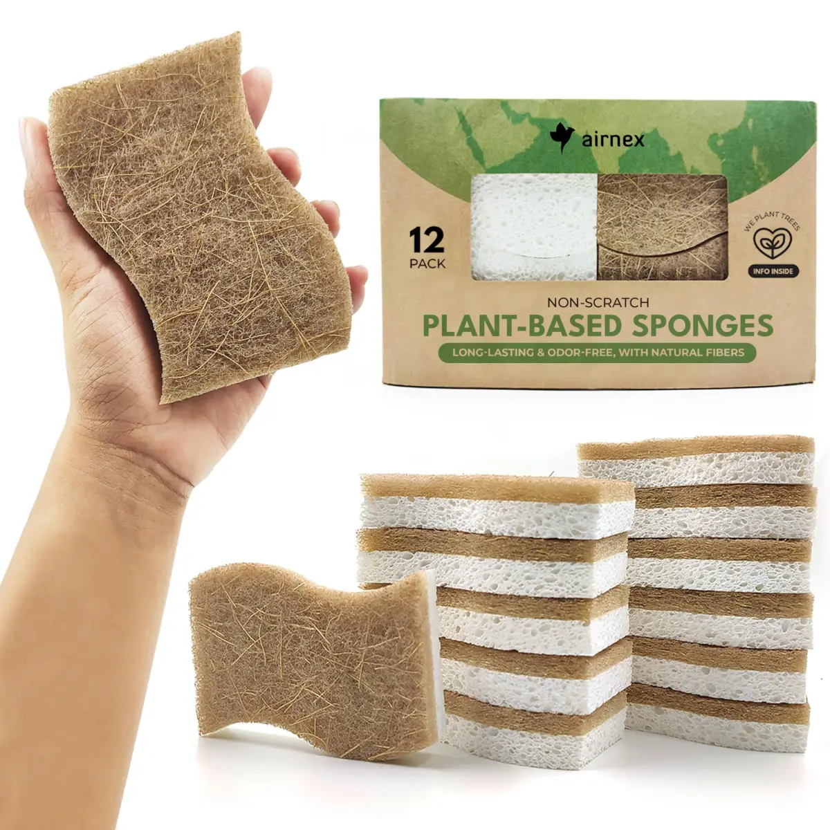 AIRNEX Natural Kitchen Sponges 12 Pack | Biodegradable Cellulose & Coconut Scrubber Dish Sponges for Kitchen - main product image