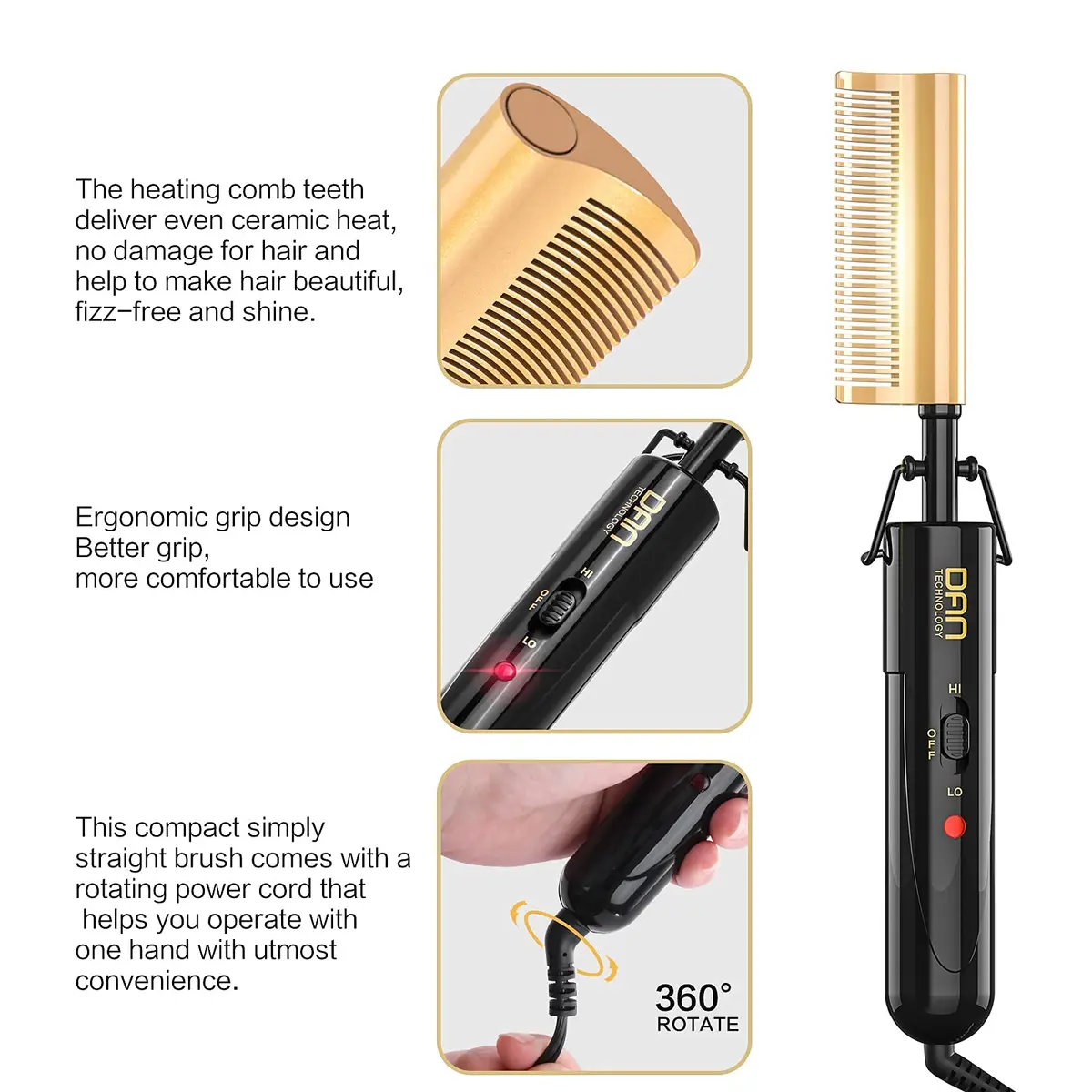 DAN Technology Curved Ceramic Hair Straightener and Heat Press Comb 11mm (0.43 inches) | Dual Voltage for All Hair Types - view 4