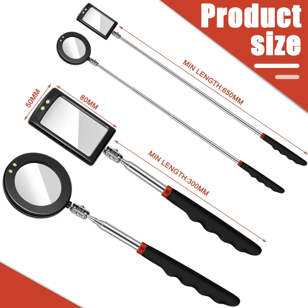 Tatuo Telescoping Inspection Mirror Set with LED Lights | Round & Square Heads, Extendable Reach - view 2
