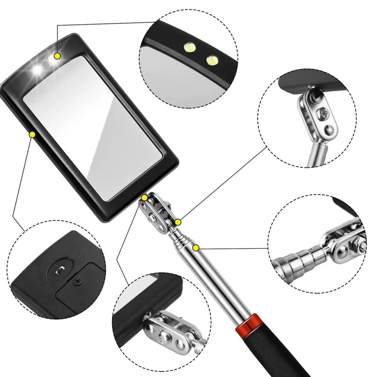 Tatuo Telescoping Inspection Mirror Set with LED Lights | Round & Square Heads, Extendable Reach - view 4
