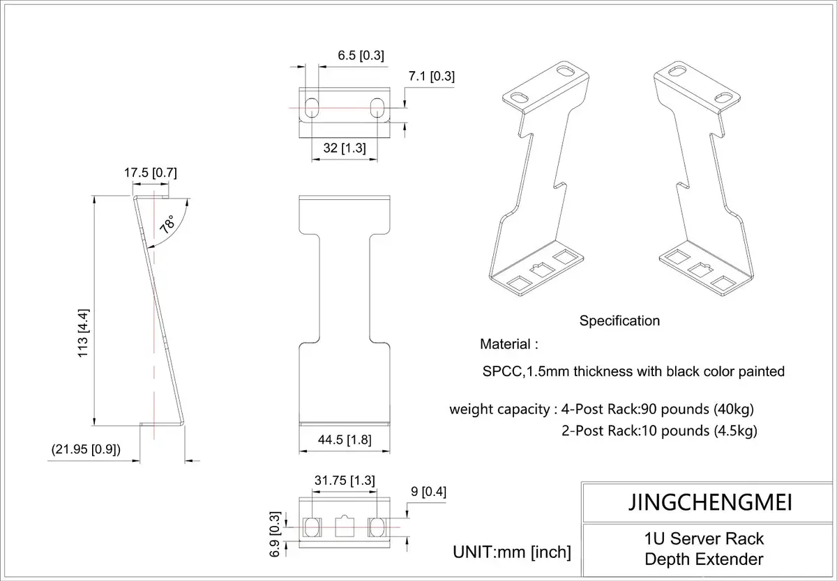 JINGCHENGMEI 1U Server Rack Depth Extender 4-Inch | Steel Support for Network Cabinets - view 4