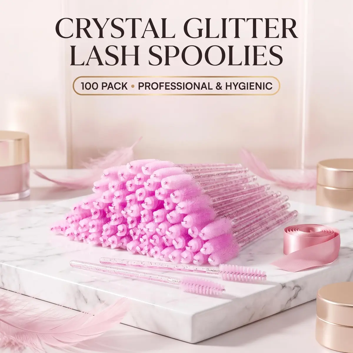 i-laesh Glitter Spoolies Disposable Eyelash Brush - Pink - 100PCS | High-Density Fiber Bristles for Flawless Mascara Application - view 2