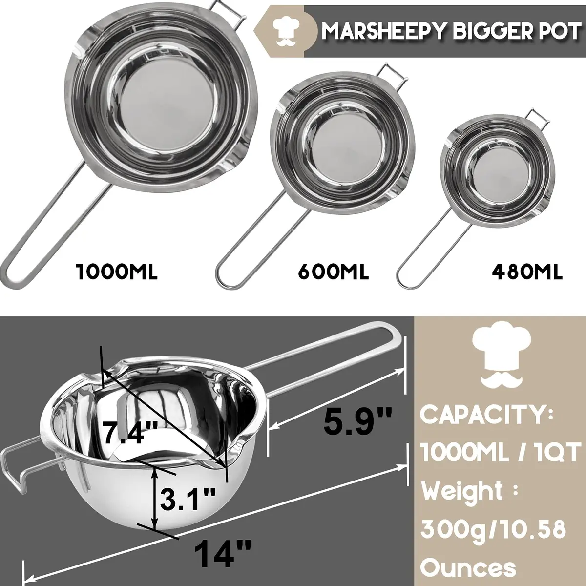 Marsheepy 1000ML (33oz) Double Boiler Melting Pot with 2200ML (2QT) Stainless Steel Pot | Rust-Proof 304 Steel for Chocolate, Wax, Soap Making - view 3