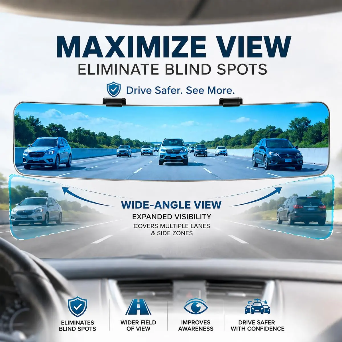 SkycropHD Anti Glare Wide Angle Car Rearview Mirror, 12'' | Frameless, Blue Convex, Universal Fit - view 3