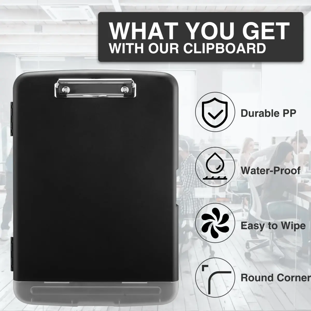 Sooez Clipboard with Storage 37cm (14.5in) | Holds 200+ Sheets, Pen Holder, Black - view 5