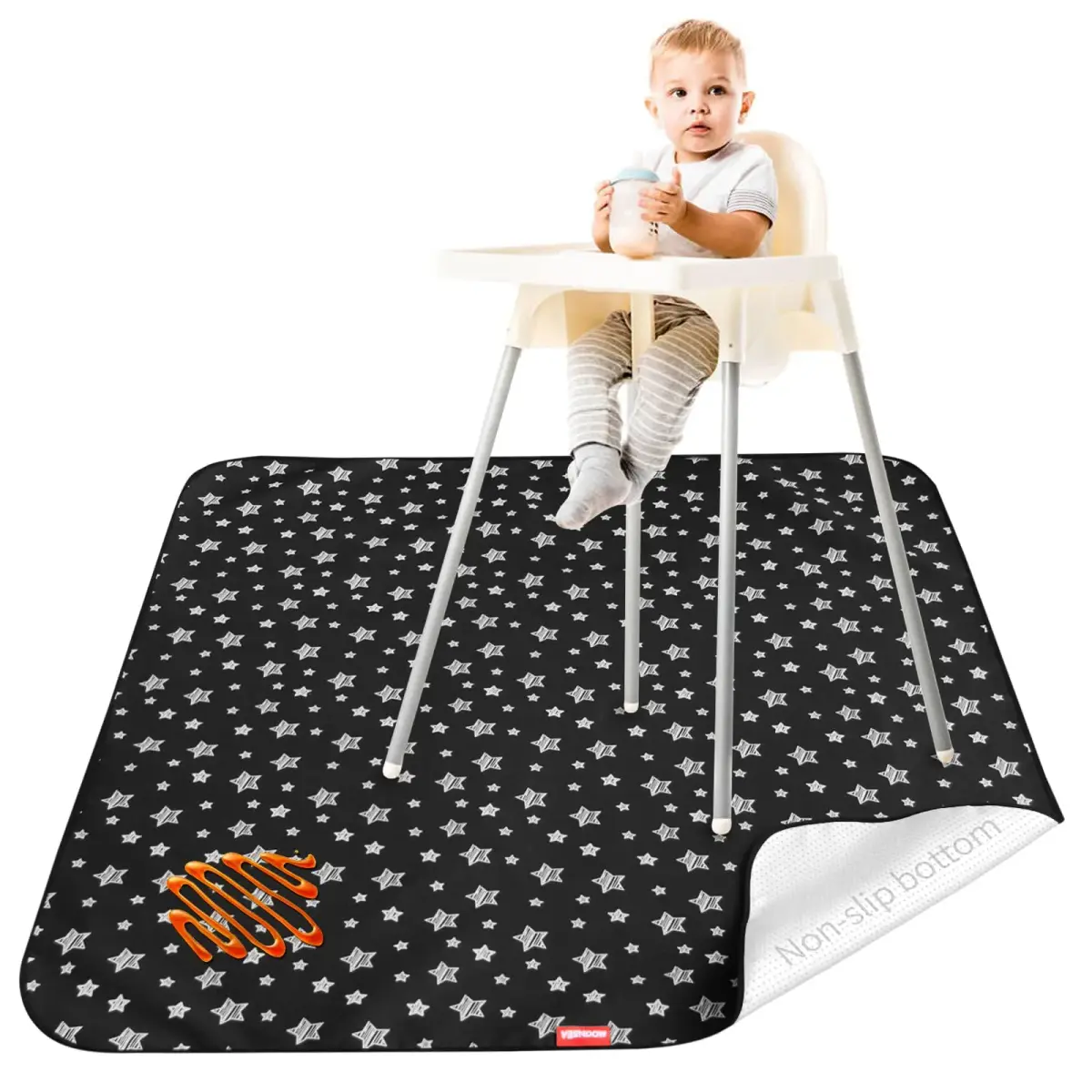 Moonsea Black Star High Chair Mat 117cm x 107cm (46" x 42") | Waterproof & Machine Washable Splat Mat for Floors & Tables - main product image