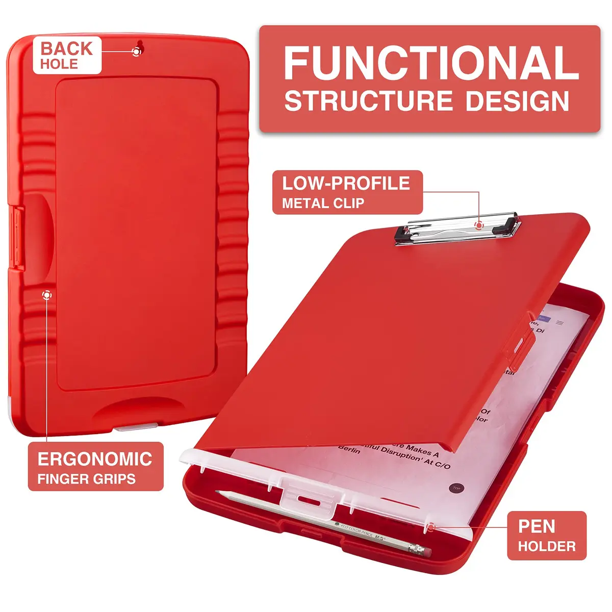 Sooez Red Clipboard with Storage, 8.5 x 11 Inch, Pen Holder | Durable Plastic Organizer for School & Office - view 2