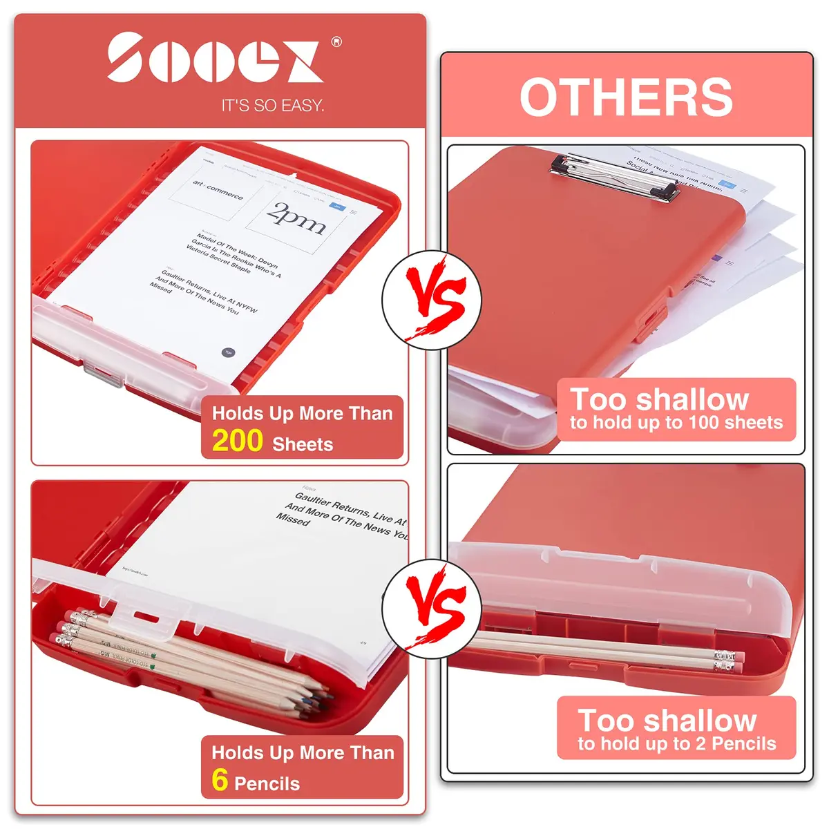 Sooez Red Clipboard with Storage, 8.5 x 11 Inch, Pen Holder | Durable Plastic Organizer for School & Office - view 3