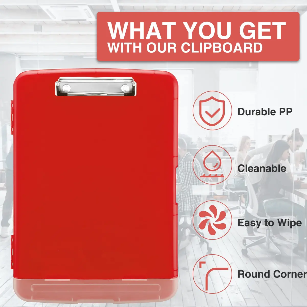 Sooez Red Clipboard with Storage, 8.5 x 11 Inch, Pen Holder | Durable Plastic Organizer for School & Office - view 4