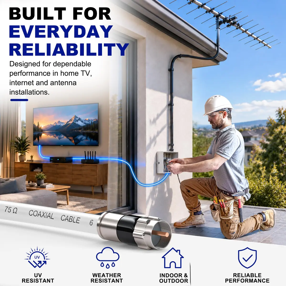 RELIAGINT 3ft (0.91m) RG6 Coaxial Cable, White | High-Speed 75 Ohm Cable for TV, Satellite, Internet - view 6