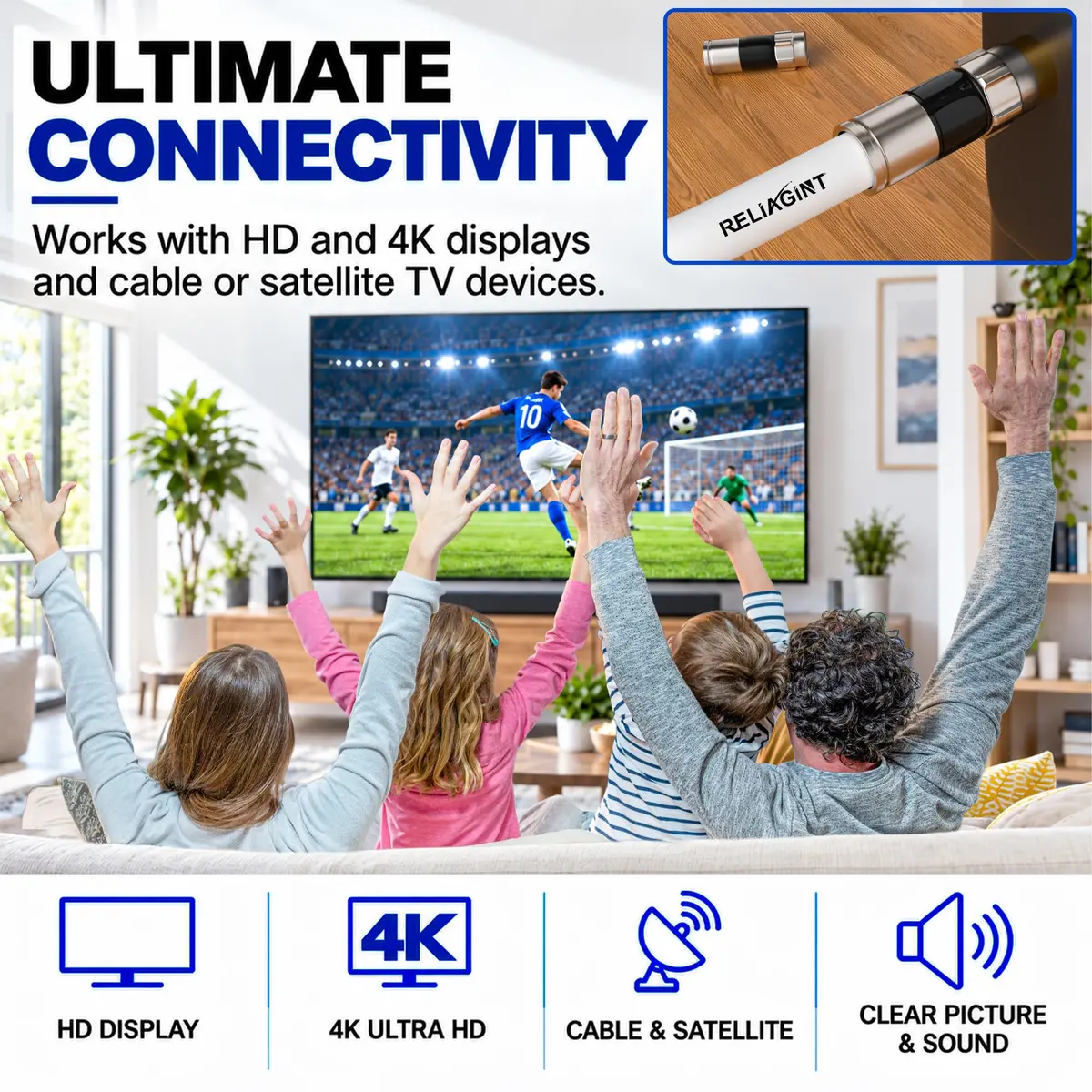 RELIAGINT 3ft (0.91m) RG6 Coaxial Cable, White | High-Speed 75 Ohm Cable for TV, Satellite, Internet - view 7