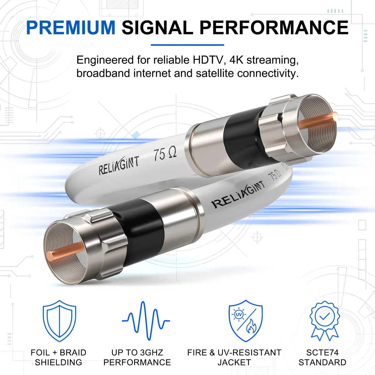 RELIAGINT 3ft (0.91m) RG6 Coaxial Cable, White | High-Speed 75 Ohm Cable for TV, Satellite, Internet - view 2