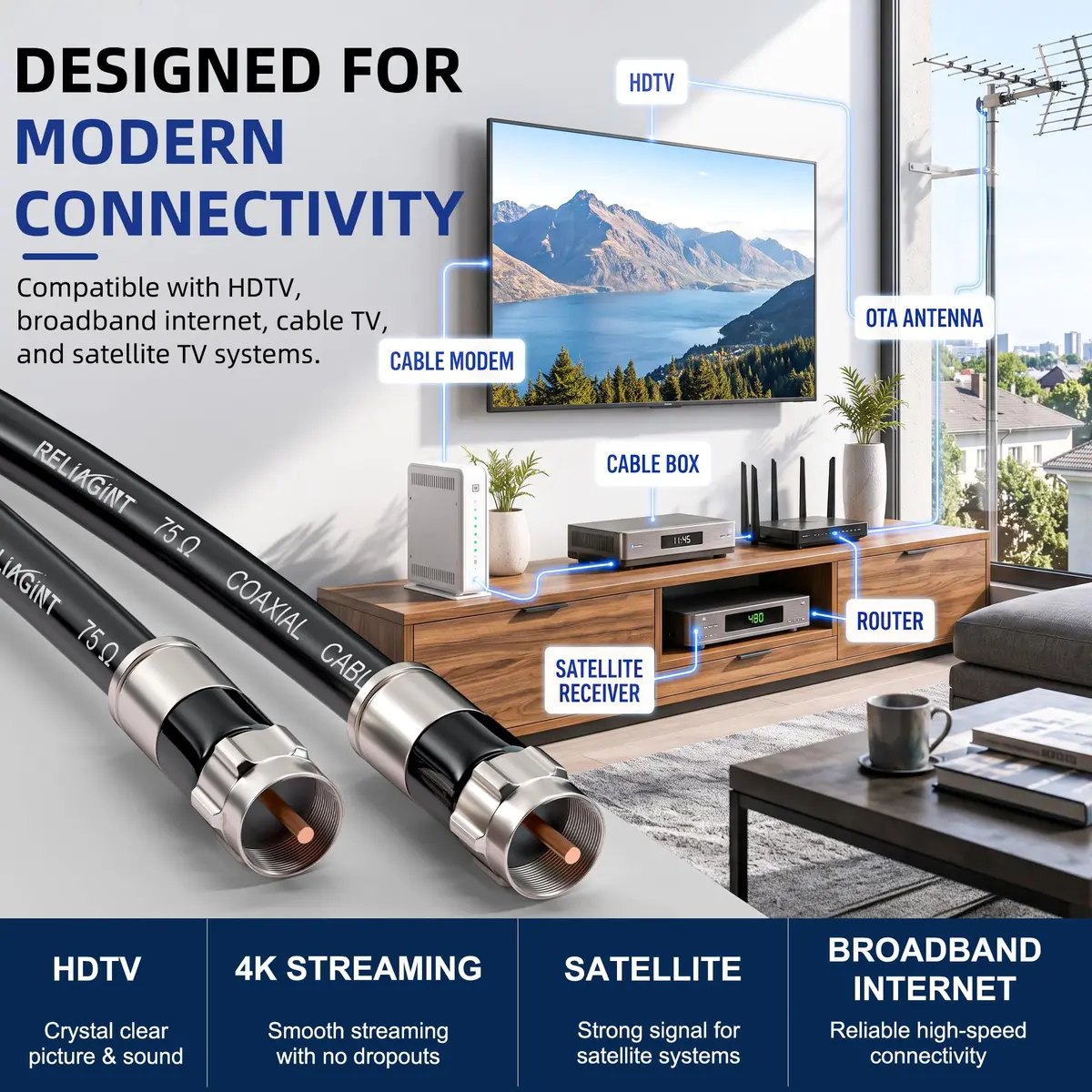 RELIAGINT 6ft (1.83m) RG6 Coaxial Cable, 75 Ohm High-Speed, Black | Reliable Signal for TV, Satellite & Internet - view 5
