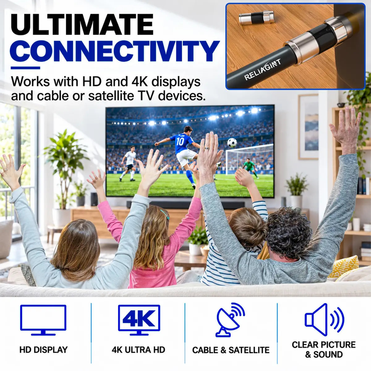 RELIAGINT 6ft (1.83m) RG6 Coaxial Cable, 75 Ohm High-Speed, Black | Reliable Signal for TV, Satellite & Internet - view 7