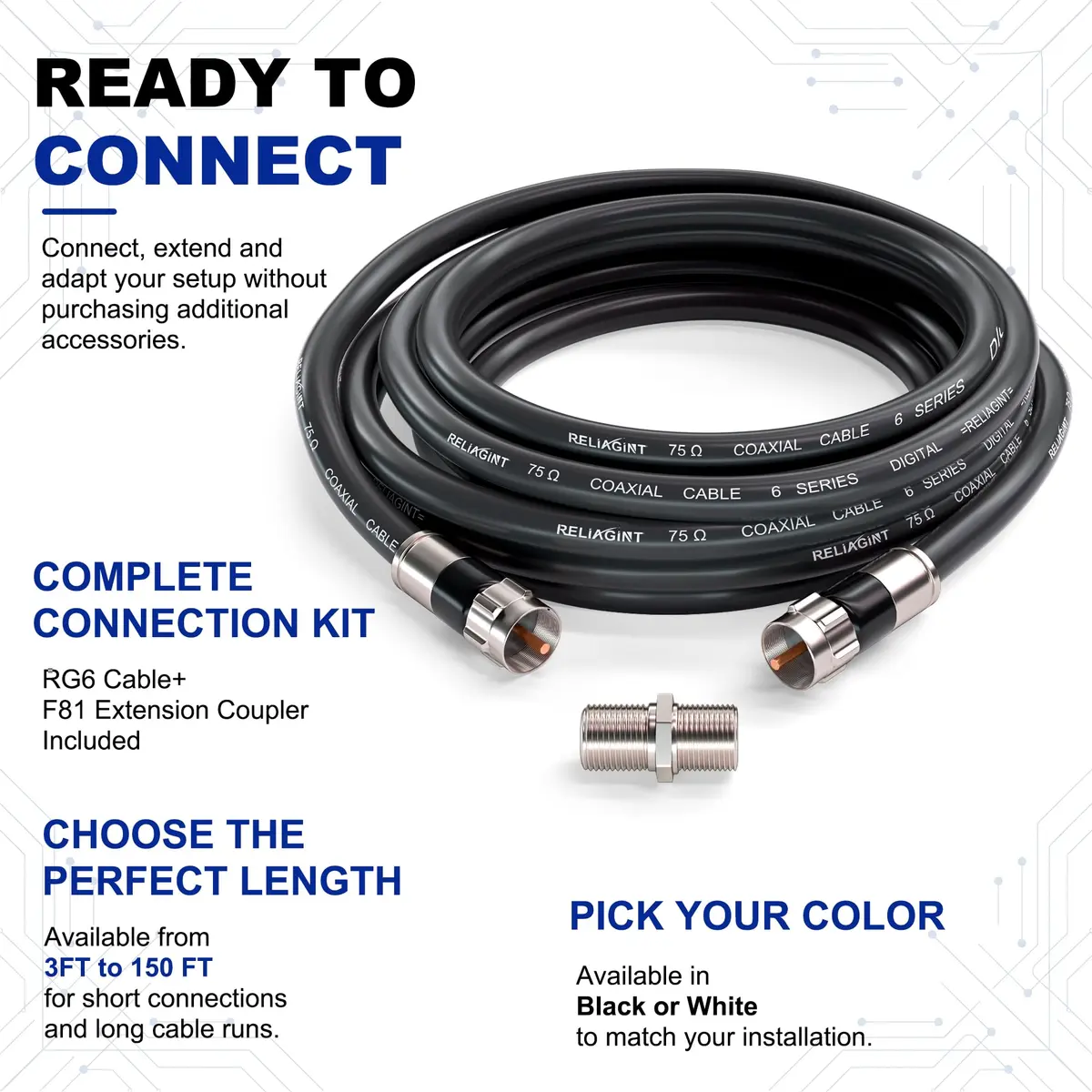 RELIAGINT 6ft (1.83m) RG6 Coaxial Cable, 75 Ohm High-Speed, Black | Reliable Signal for TV, Satellite & Internet - view 4