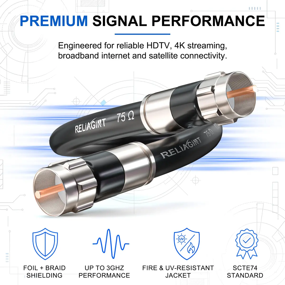 RELIAGINT 10ft (3.05m) RG6 Coaxial Cable Black | High-Speed 75 Ohm for TV, Internet, Satellite - view 2