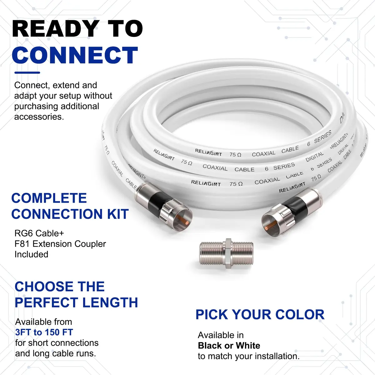 RELIAGINT 15ft (4.57m) RG6 Coaxial Cable, 75 Ohm High-Speed, White | Stable Signal for HD TV & Internet - view 4