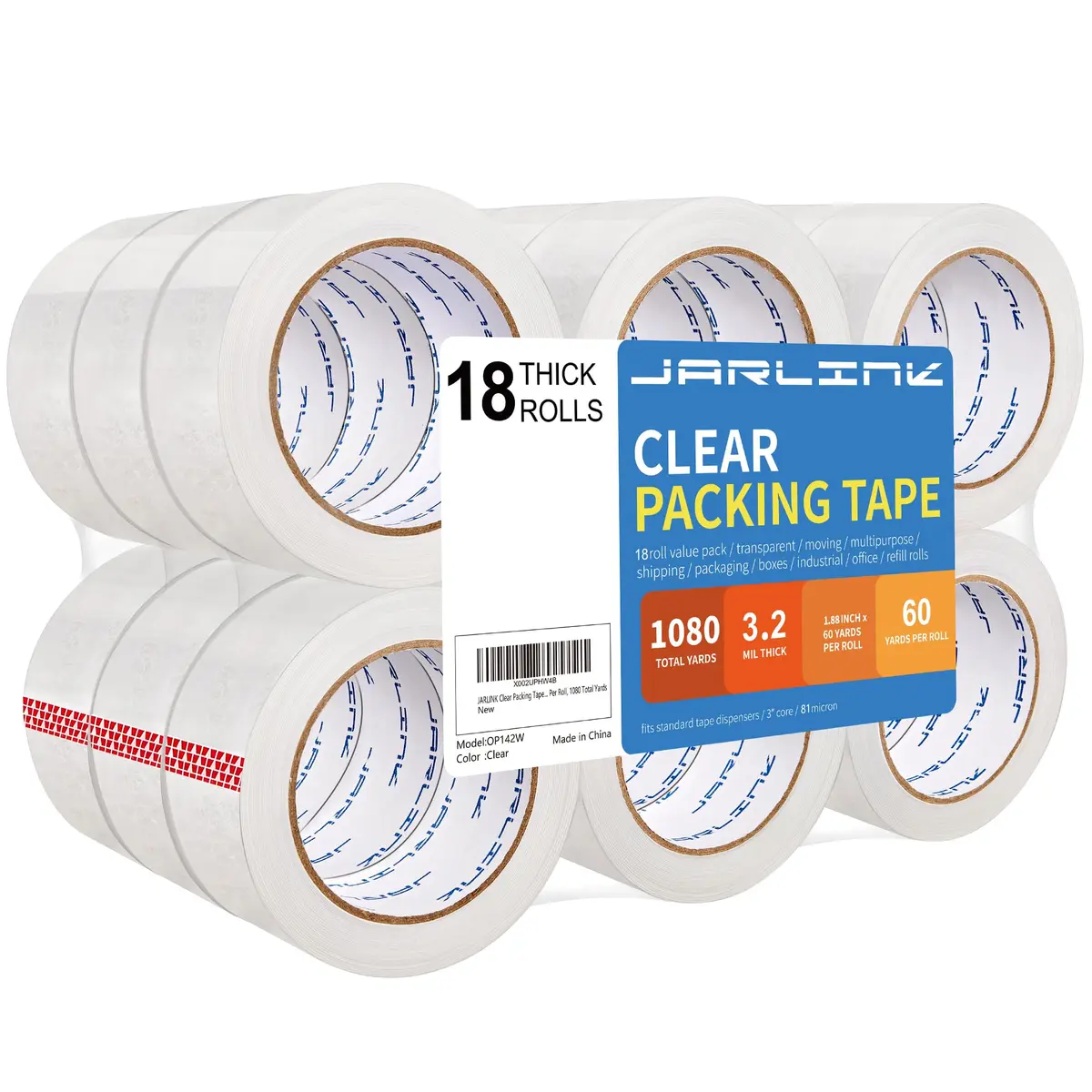 JARLINK Clear Packing Tape 18 Rolls | 55m (60 yd) x 48mm (1.88") x 3.2mil Thick | Heavy Duty BOPP Acrylic Adhesive for Shipping & Sealing - main product image