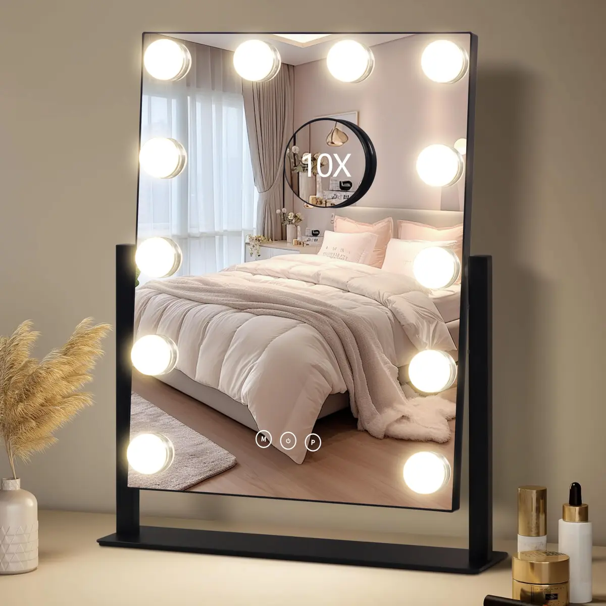 NUSVAN Vanity Mirror with Lights, 3 Color Modes, 10X Magnification, Touch Control, 360° Rotation, White | Adjustable Brightness for Flawless Makeup - main product image