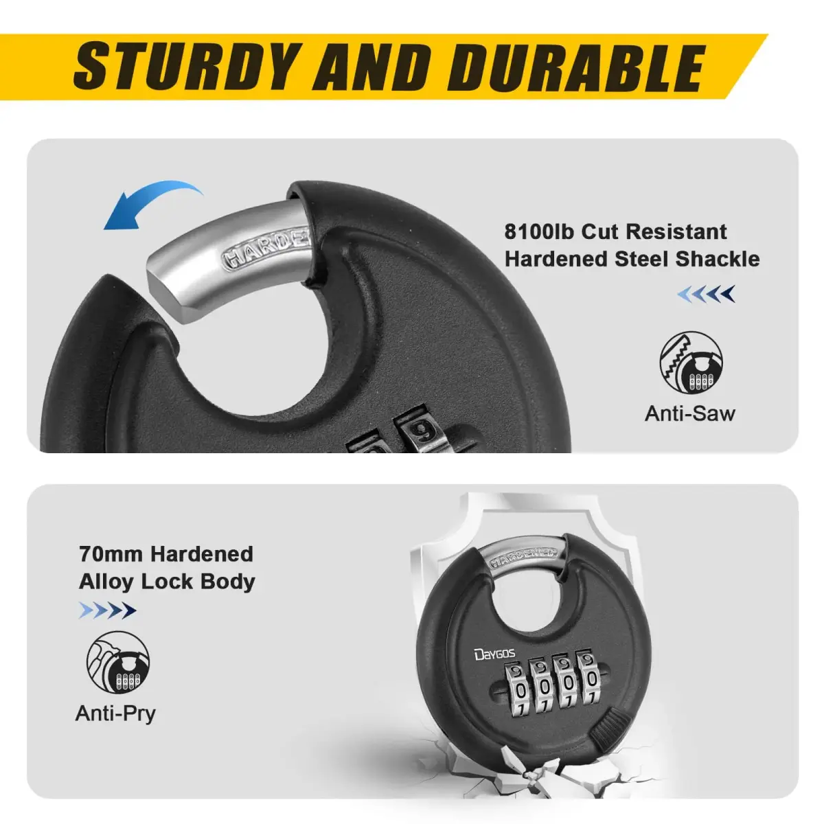 DAYGOS Black 2-Pack Combination Disc Padlocks | Heavy Duty 3/8-in Shackle, 2.75-in Body, Weatherproof Outdoor Lock - view 3