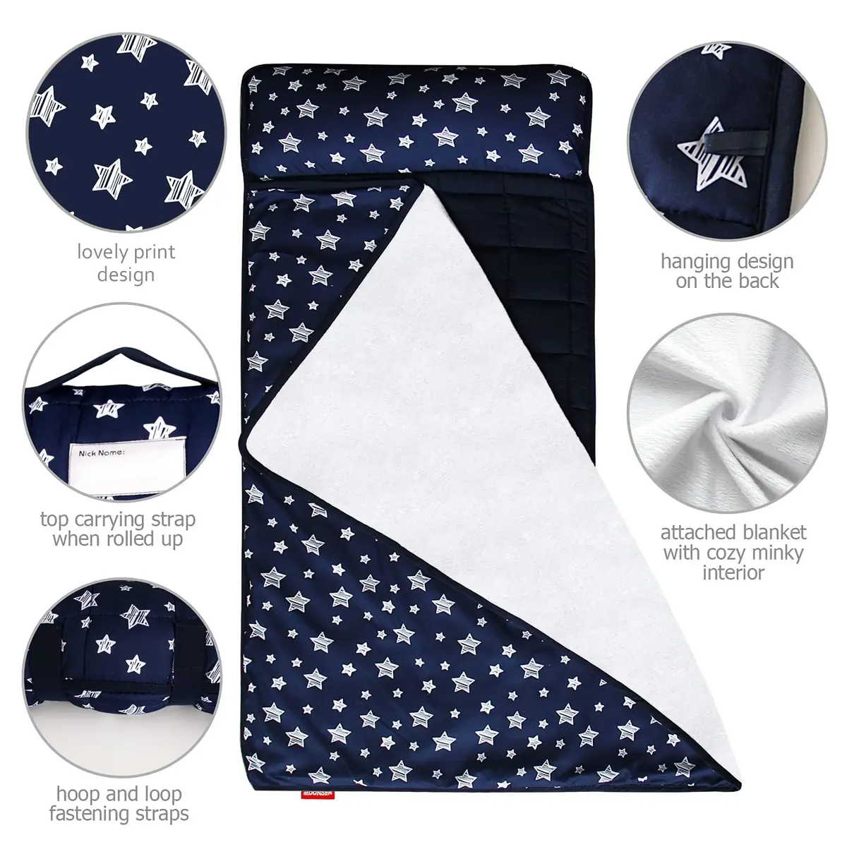 Moonsea Toddler Nap Mat with Pillow and Fleece Minky Blanket Navy | Soft, Breathable, All Seasons (70-120 chars) - view 3