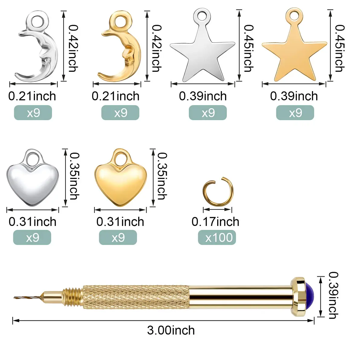 PAGOW 155 PCS Dangle Nail Art Charm Set with Piercing Tool | Gold & Multi-Color - view 2
